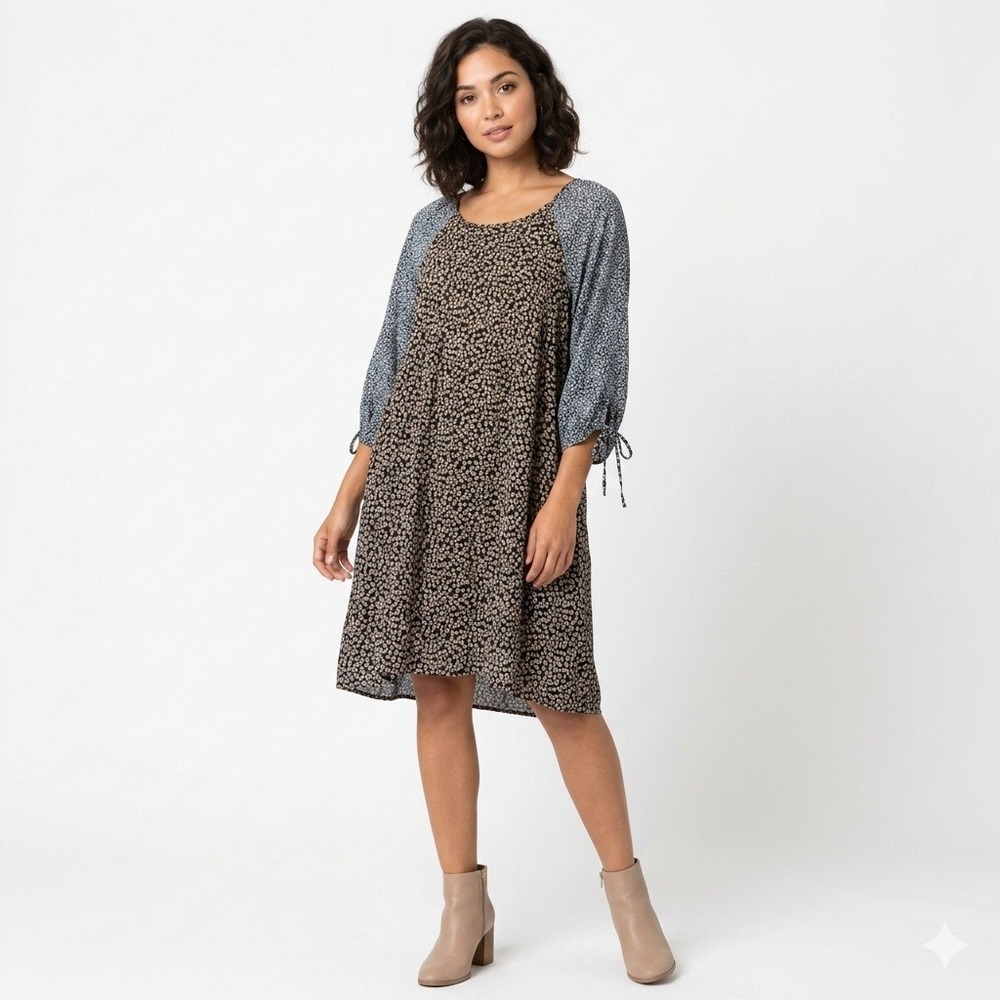 Umgee Micro Animal Print Flowy Dress Long Sleeve Dark Cottagecore Sml Fits Lrg